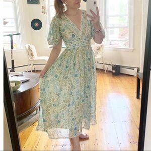 Rococo Sand Elan Metallic Puff Sleeve Midi Dress Size Medium